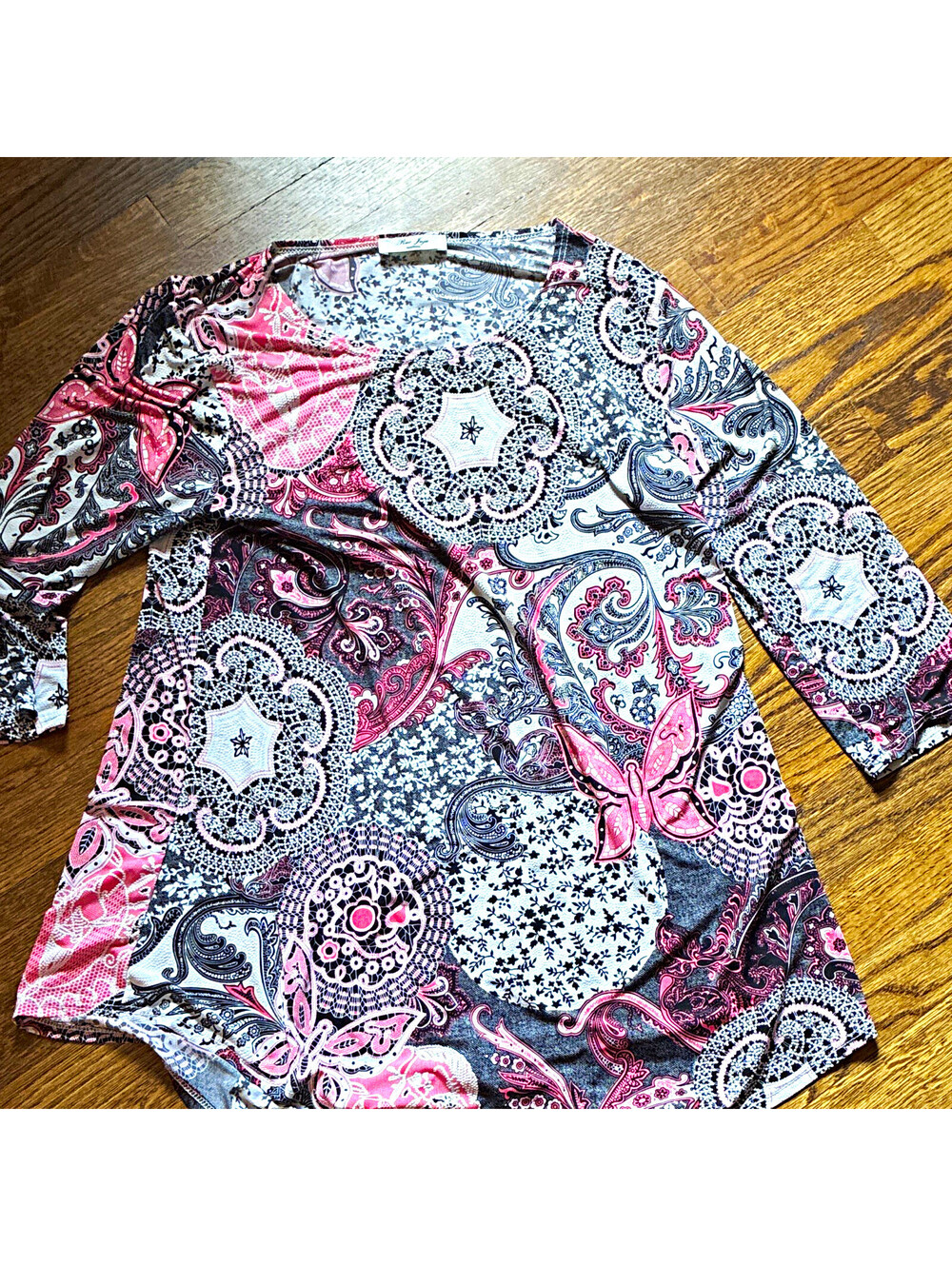 Pure Logic Womens Pink Gray Black White Paisley Knit V-Neck 3/4 Sleeve Top